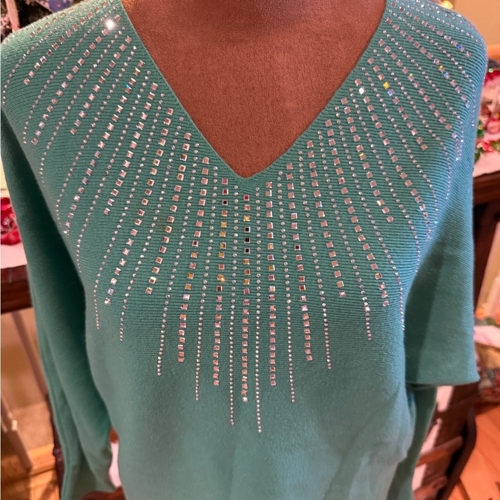 Milano Green Rhinestone Knitwear Sweater Size tag missing